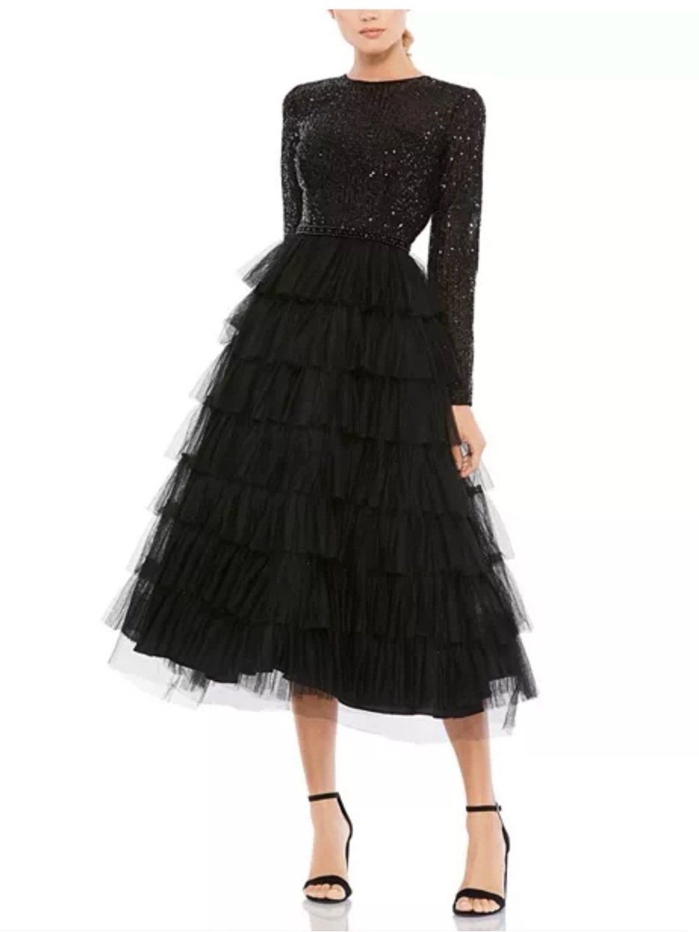 Mac Duggal Black Sequin Tiered Tulle Party Dress size 12